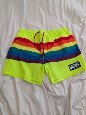 Diesel Neon Yellow Rainbow Stripe Swim Trunks M